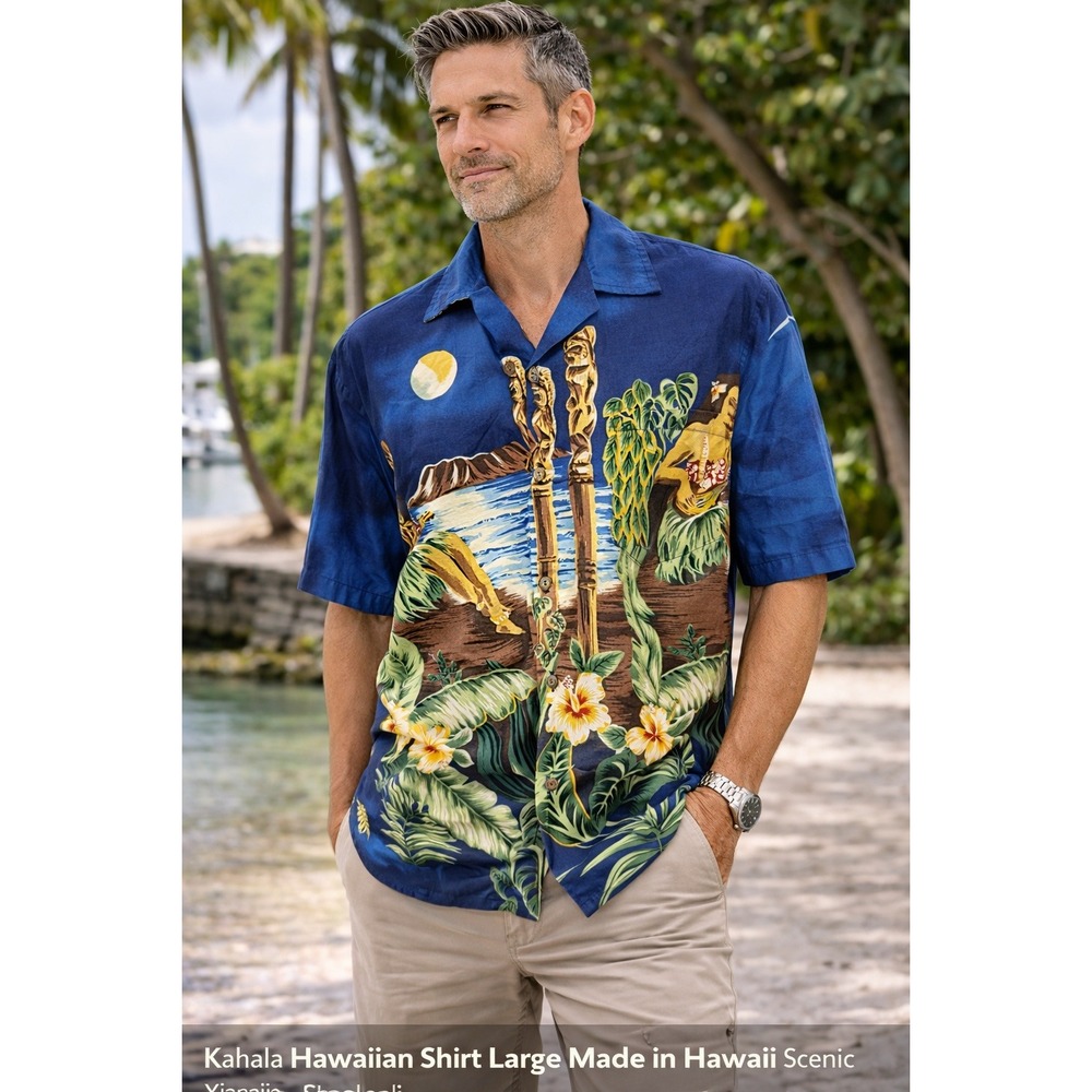 Hawaiian Togs Mens Blue Tiki‎ Hula Dancer Shirt Large Made in Hawaii Cotton
